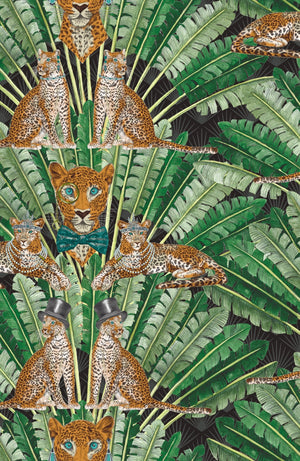 Leopard wallpaper by Brand McKenzie in green and cream, pattern detail of leopards among palm fronds