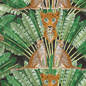 Leopard wallpaper by Brand McKenzie in green and cream, close view of leopards among palm fronds