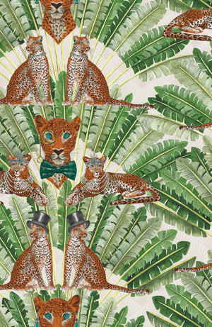 Leopard wallpaper by Brand McKenzie in green and cream, close-up of leopards among palm fronds