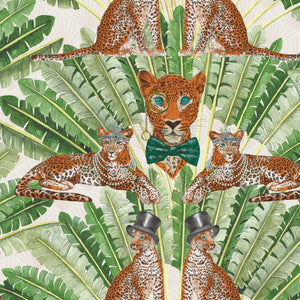 Leopard wallpaper by Brand McKenzie in green and cream, detail of leopards among palm fronds