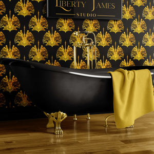 Leopard Crane wallpaper by Liberty James Studio in gold, mirrored cranes and leopards in a bathroom