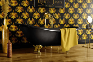 Leopard Crane wallpaper by Liberty James Studio in gold, mirrored cranes and leopards in a bathroom