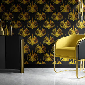 Leopard Crane wallpaper by Liberty James Studio in gold, mirrored cranes and leopards on a bathroom wall