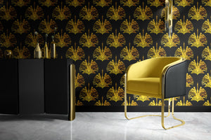 Leopard Crane wallpaper by Liberty James Studio in gold, mirrored cranes and leopards on a bathroom wall