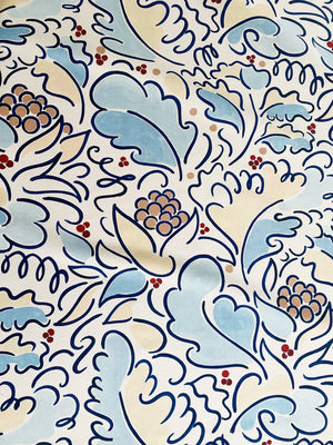 Leopolde linen by Claire de Quénetain in pink and blue, full repeat of a hand-painted floral design