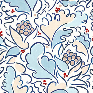 Leopolde wallpaper by Claire de Quénetain in pink and blue, full repeat of a hand-painted floral design