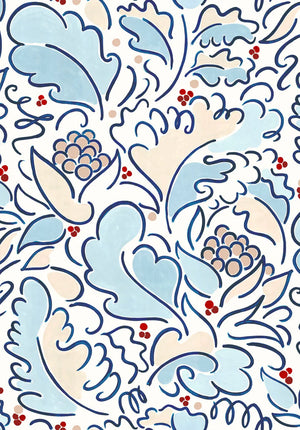 Leopolde linen by Claire de Quénetain in pink and blue, flat sample of a hand-painted floral design