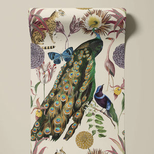 Les Plumes wallpaper by Tatie Lou in cream, partly unrolled roll showing exotic birds and blooms