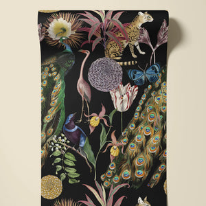 Les Plumes wallpaper by Tatie Lou in black, roll showing exotic birds and blooms