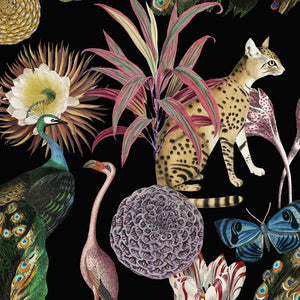 Les Plumes wallpaper by Tatie Lou in black, full repeat of exotic birds and blooms