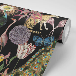 Les Plumes wallpaper by Tatie Lou in black, sample roll showing exotic birds and blooms