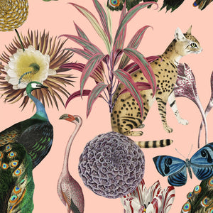 Les Plumes wallpaper by Tatie Lou in pink, flat sample of exotic birds and blooms