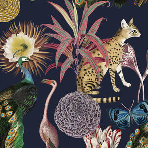 Les Plumes wallpaper by Tatie Lou in navy, full repeat of exotic birds and blooms