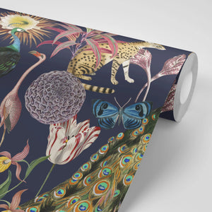 Les Plumes wallpaper by Tatie Lou in navy, roll showing exotic birds and blooms