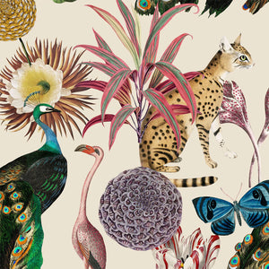Les Plumes wallpaper by Tatie Lou in cream, flat sample of exotic birds and blooms
