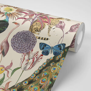 Les Plumes wallpaper by Tatie Lou in cream, pattern sample of exotic birds and blooms