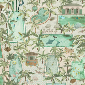 Lido wallpaper by Brand McKenzie in mint green, close-up of a lido and poolside scene
