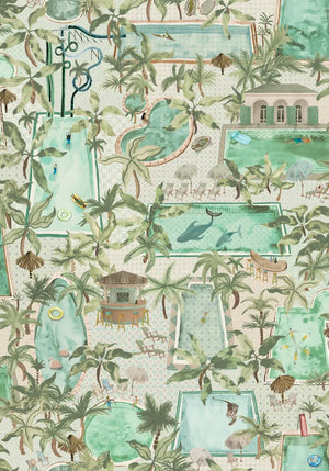 Lido wallpaper by Brand McKenzie in mint green, close-up of a lido and poolside scene
