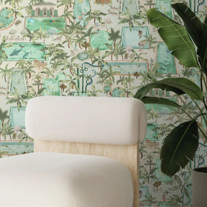 Lido wallpaper by Brand McKenzie in green, a lido and poolside scene in a living room
