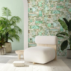 Lido wallpaper by Brand McKenzie in green, a lido and poolside scene behind a sofa in a living room