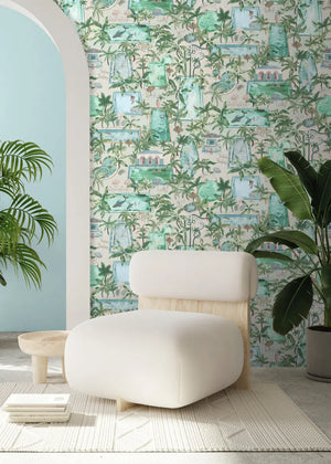 Lido wallpaper by Brand McKenzie in turquoise, a lido and poolside scene in a living room
