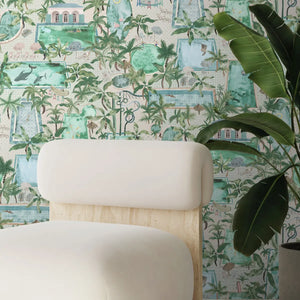 Lido wallpaper by Brand McKenzie in turquoise, a lido and poolside scene on a living room wall
