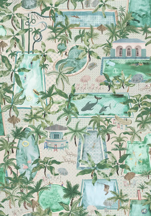 Lido wallpaper by Brand McKenzie in turquoise, detail of a lido and poolside scene