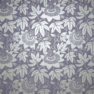 Passion Flower wallpaper by The Monkey Puzzle Tree in lilac and silver, flat sample of passion flowers