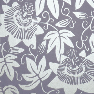 Passion Flower wallpaper by The Monkey Puzzle Tree in lilac and silver, pattern sample of passion flowers