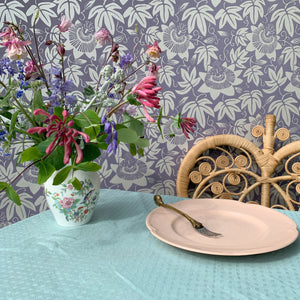 Passion Flower wallpaper by The Monkey Puzzle Tree in lilac and silver, passion flowers in a styled room setting