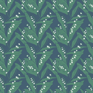 Lily of the Valley wallpaper by Annika Reed in blue and green, pattern sample of lily of the valley