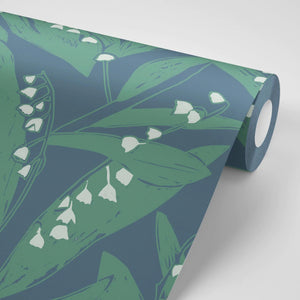 Lily of the Valley wallpaper by Annika Reed in blue and green, roll showing lily of the valley