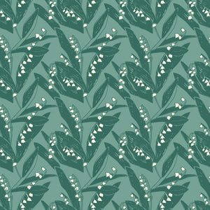 Lily of the Valley wallpaper by Annika Reed in green, flat sample of lily of the valley
