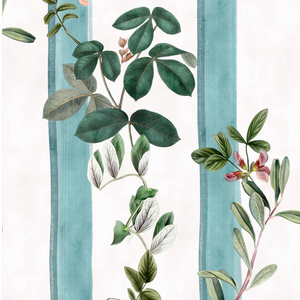 Little Fiorita Stripe wallpaper by Deus ex Gardenia in teal and white, full repeat of floral vine stripes