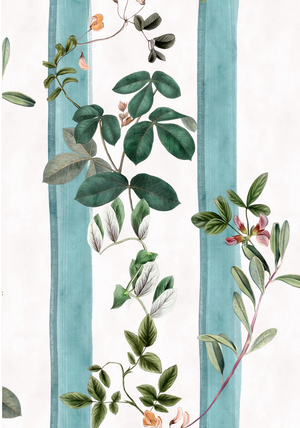 Little Fiorita Stripe wallpaper by Deus ex Gardenia in teal and white, full repeat of floral vine stripes