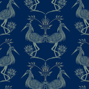 Lotus wallpaper by Tatie Lou in blue, full repeat of lotus birds