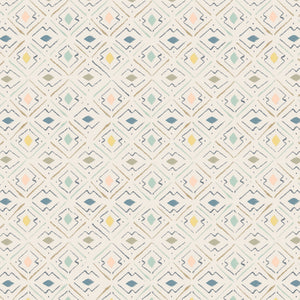 Lulu wallpaper by Parker and Jules in green and pink, full repeat of a small geometric print