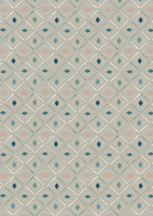 Lulu wallpaper by Parker and Jules in cream and teal, full repeat of a small geometric print