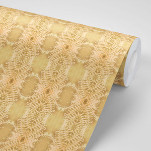 Lumiere wallpaper by Tatie Lou in yellow, sample roll showing an Art Deco medallion