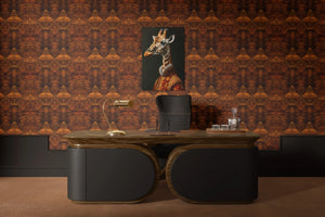 Beau Burr wallpaper by Liberty James Studio in brown and orange, a burr wood grain design in a home office