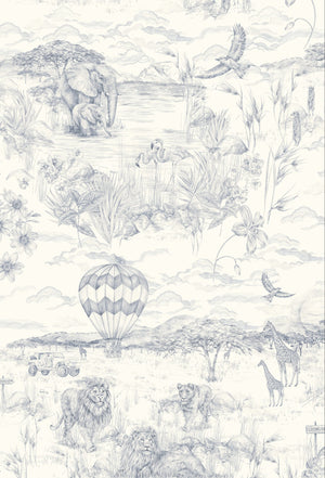 Lyons Den linen by Victoria Sanders in pale blue, pattern sample of a hot-air balloon and safari toile