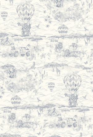 Lyons Den linen by Victoria Sanders in pale blue, full repeat of a hot-air balloon and safari toile
