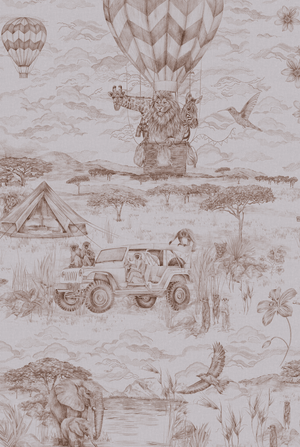 Lyons Den wallpaper by Victoria Sanders in brown, flat sample of a hot-air balloon and safari toile