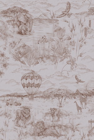 Lyons Den wallpaper by Victoria Sanders in brown, full repeat of a hot-air balloon and safari toile
