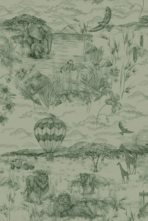 Lyons Den linen by Victoria Sanders in sage green, pattern sample of a hot-air balloon and safari toile