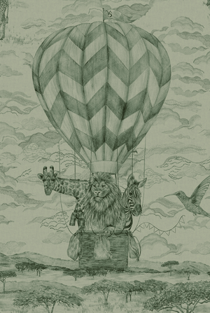 Lyons Den linen by Victoria Sanders in sage green, detail of a hot-air balloon and safari toile