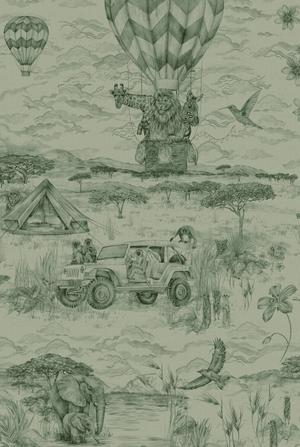 Lyons Den linen by Victoria Sanders in sage green, flat sample of a hot-air balloon and safari toile