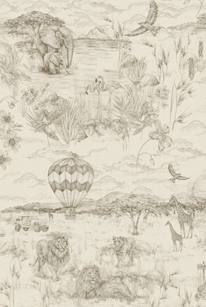 Lyons Den linen by Victoria Sanders in cream, flat sample of a hot-air balloon and safari toile