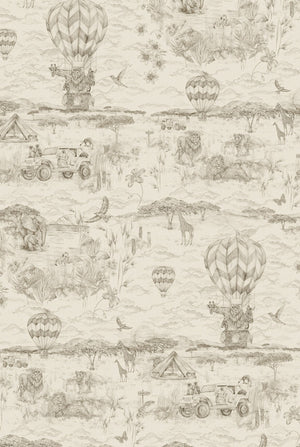 Lyons Den linen by Victoria Sanders in cream, pattern sample of a hot-air balloon and safari toile