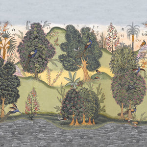 Mayura Valley wallpaper by Deus ex Gardenia in sage green and yellow, close-up of a peacock valley mural
